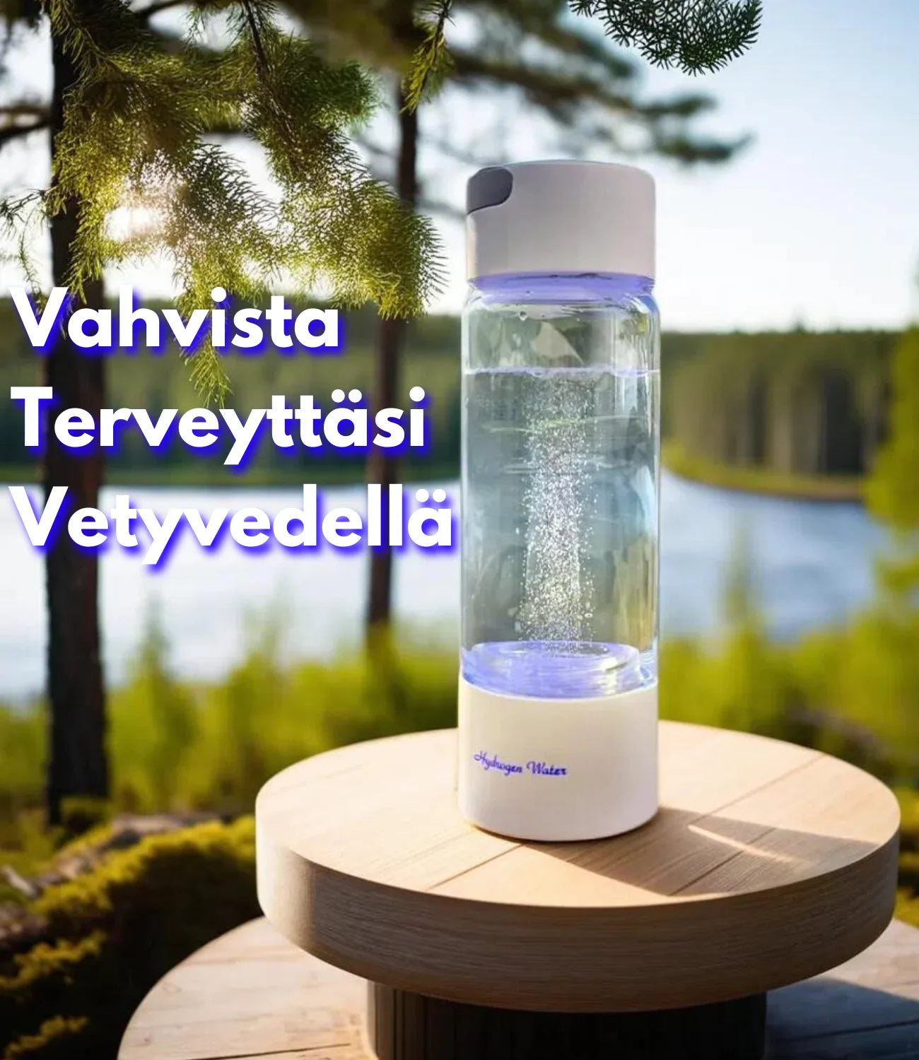 Vetyvesipullo suomen luonnossa lisäämässä veteen vetyä.